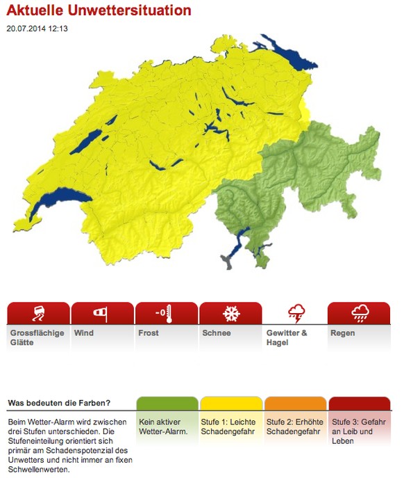 Gemäss&nbsp;wetteralarm.ch&nbsp;bestand am Sonntag, 20. Juli, für grosse Teile des Landes «Leichte Schadengefahr»