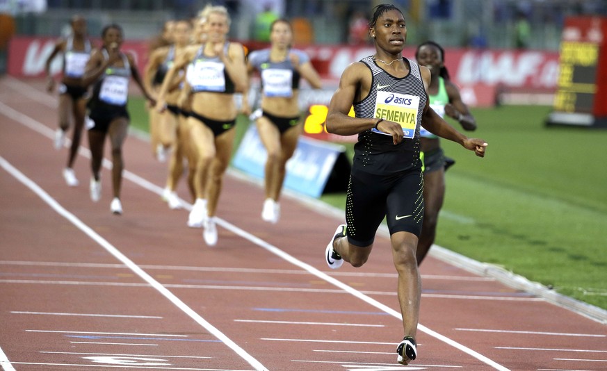 FILE - In this June 2, 2016, file photo, South Africa&#039;s Caster Semenya crosses the finish line after winning the the women&#039;s 800m event at the Golden Gala IAAF athletic meeting, in Rome&#039 ...