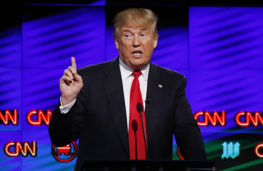 FILE -- In this Thursday, March 10, 2016, file photo, Republican presidential candidate, businessman Donald Trump, speaks during the Republican presidential debate sponsored by CNN, Salem Media Group  ...