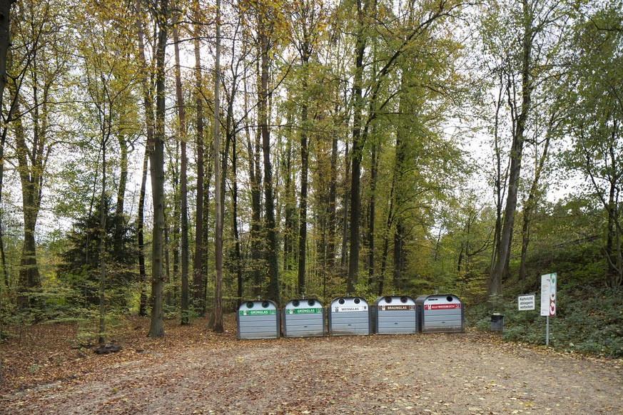 Recycling bins in a forest near the city of Aarau, pictured on November 5, 2013. (KEYSTONE/Gaetan Bally)