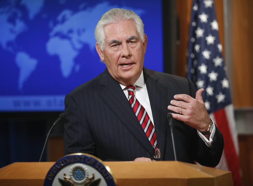 FILE - In this Aug. 22, 2017 file photo, Secretary of State Rex Tillerson speaks at the State Department in Washington. The Trump administration is poised to impose visa restrictions on four Asian and ...