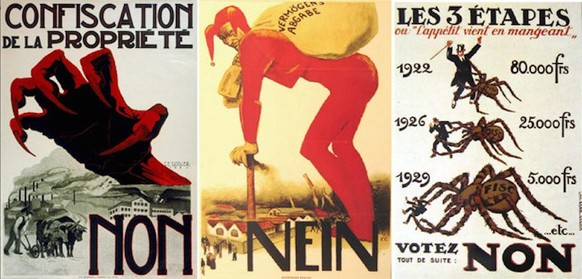 Plakate von 1922 gegen die SP-Initiative für eine «einmalige Vermögensabgabe», die dem Sozialstaat zugute gekommen wäre.