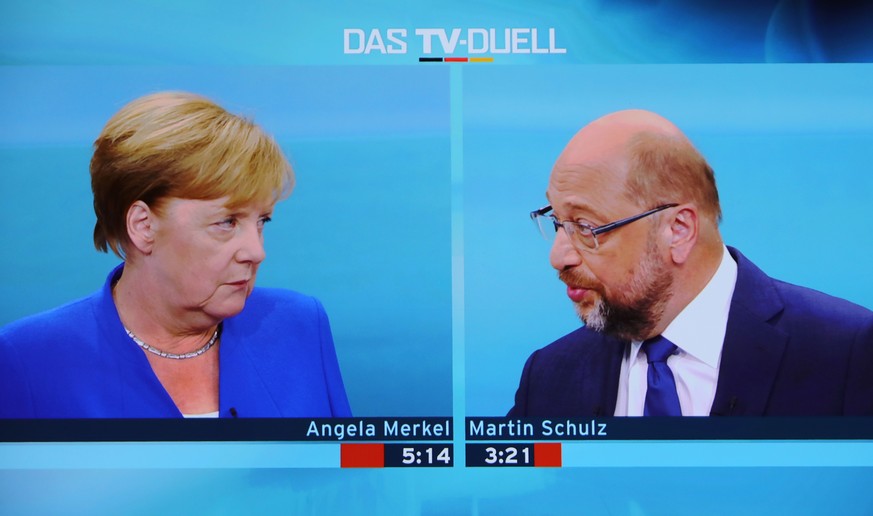 Screenshot des TV-Duellls zwischen der Bundeskanzlerin und CDU-Vorsitzenden Angela Merkel und dem SPD-Kanzlerkandidaten und SPD-Vorsitzenden Martin Schulz am 03.09.2017 in Berlin. Das einzige TV-Duell ...