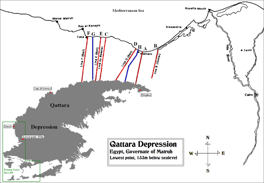 Die verschiedenen Pläne für Kanäle oder Tunnel zur Kattara-Senke (grau).