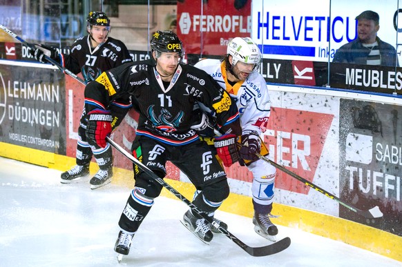 Le joueur fribourgeois Roman Cervenka, gauche, lutte pour le puck avec le joueur zougois Josh Holden, droite, lors de la rencontre du championnat suisse de hockey sur glace de National League, LNA, en ...