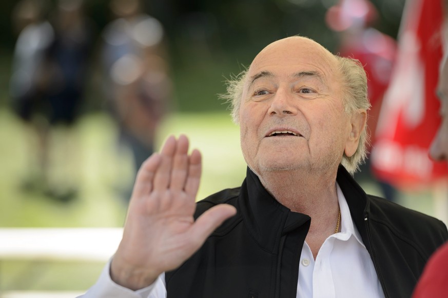 epa04892396 FIFA President, Swiss Joseph Sepp Blatter welcomes people during the 18th edition of the &#039;Sepp Blatter Fussballturnier,&#039; (Sepp Blatter football tournament) in Ulrichen, Switzerla ...