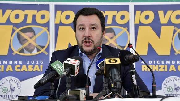Northern League party leader Matteo Salvini speaks during a press conference in Milan, Italy, Monday, Dec. 5, 2016. Salvini has called for an immediate election in Italy, energized by the decisive def ...