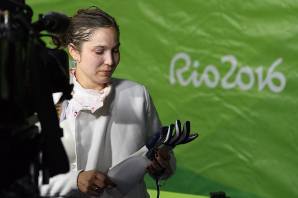 Tiffany Geroudet of Switzerland looks desapointed after loosing against Rayssa Costa from Brazil in the women&#039;s epee individual round of 64 in the Carioca Arena 3 in Rio de Janeiro, Brazil, at th ...