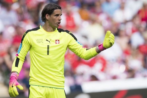 Swiss goalkeeper Yann Sommer, gestures during an international friendly test match between the national soccer teams of Switzerland and Belgium, at the stade de Geneve stadium, in Geneva, Switzerland, ...