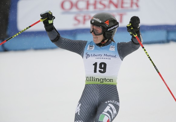 Nov 26, 2016; Killington, VT, USA; Sofia Goggia of Italy reacts after the second run of the giant slalom in the FIS alpine skiing World Cup at Killington Resort. Mandatory Credit: Erich Schlegel-USA T ...