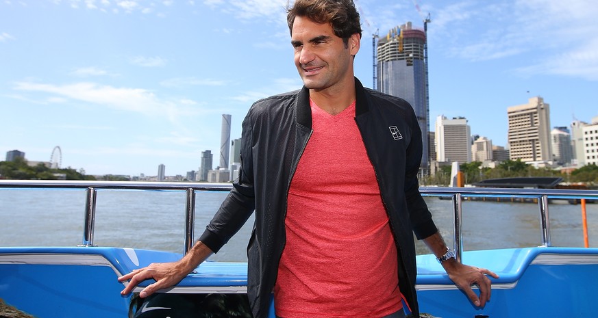 BRISBANE, AUSTRALIA - JANUARY 02: Roger Federer poses for photographs on the CityCat ahead of the 2016 Brisbane International on January 2, 2016 in Brisbane, Australia. (Photo by Chris Hyde/Getty Imag ...