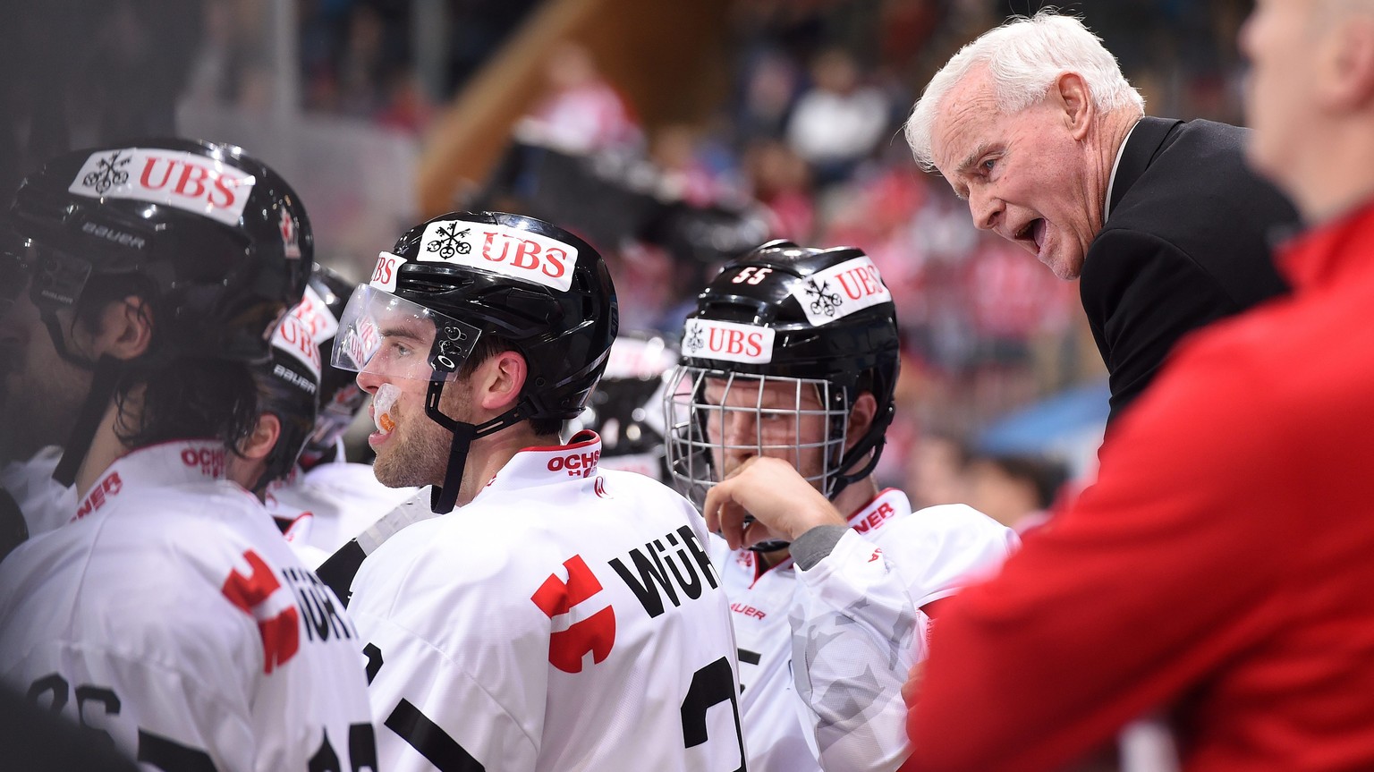 epa05688936 Canadas Assistant Coach Dave King, during the game between HK Dinamo Minsk and Team Canada at the 90th Spengler Cup ice hockey tournament in Davos, Switzerland, Monday, December 26, 2016.  ...