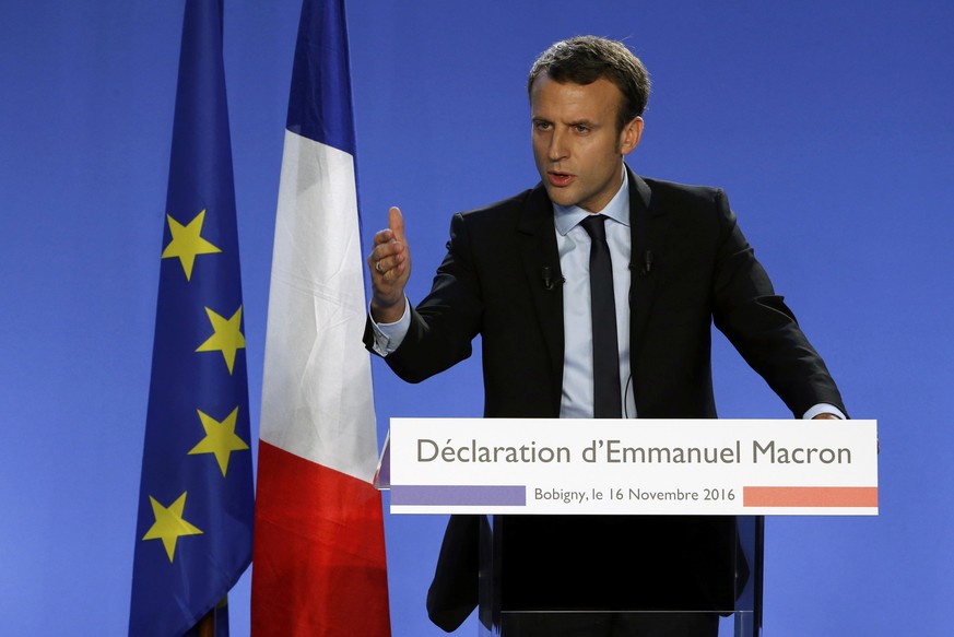 Emmanuel Macron, former French economy minister and head of the political movement &quot;En Marche&quot; or &quot;Forward&quot;, delivers a speech to announce his candidacy for the 2017 French preside ...