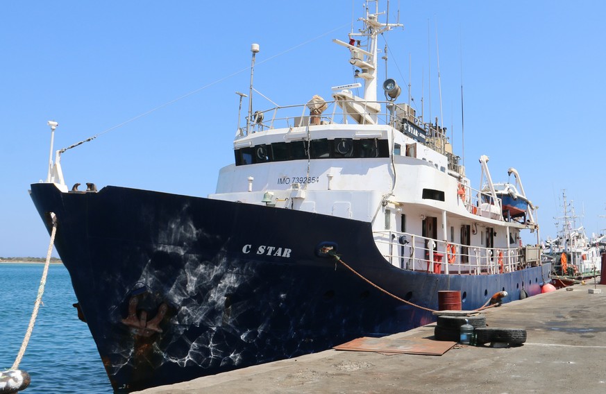 epa06112800 The ship C-Star of far-right wing organisation Defend Europe is anchored in Famagusta Port, Northern Cyprus, 27 July 2017. The C-Star is a ship hired by a European far-right movement aimin ...