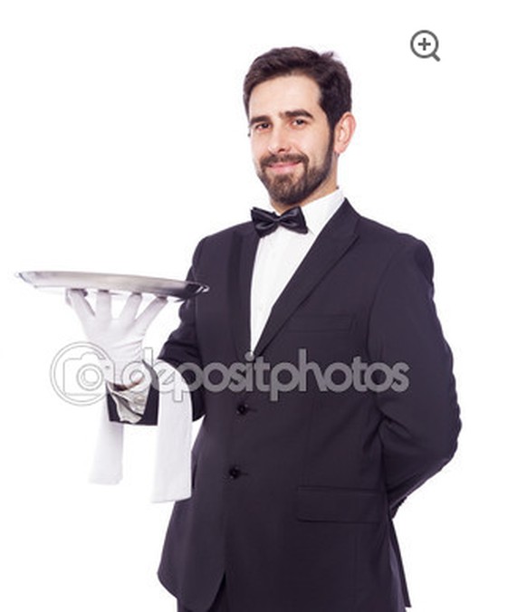 Die Legende des Agenturbilds: Portrait eines hübschen Kellners, der ein leeres Tablett trägt, auf weissem Hintergrund.