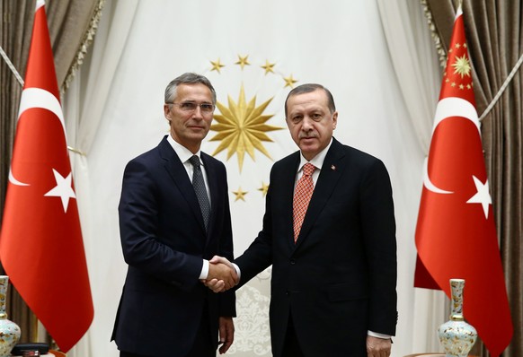 Turkish President Tayyip Erdogan (R) meets with NATO Secretary-General Jens Stoltenberg at the Presidential Palace in Ankara, Turkey, September 8, 2016. Yasin Bulbul/Presidential Palace/Handout via RE ...