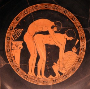Sex-Szene auf einer antiken griechischen Vase.&nbsp;