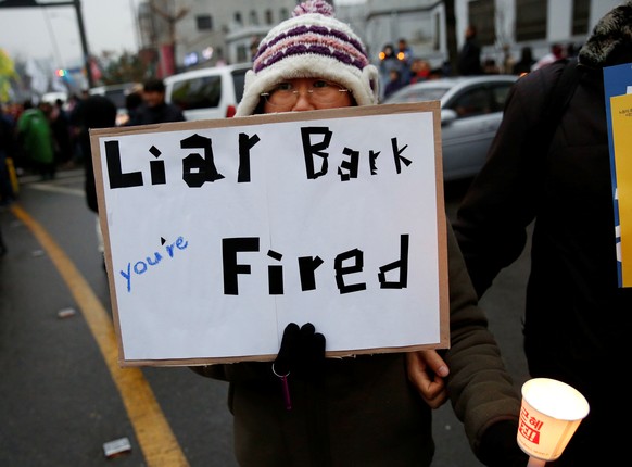 A protester holds a placard at a protest calling South Korean President Park Geun-hye to step down in Seoul, South Korea, November 26, 2016. REUTERS/Kim Kyung-Hoon