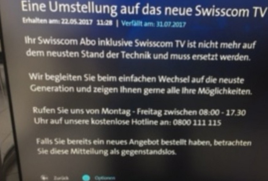 Verdutzte Swisscom-Kunden sehen plötzlich diese Warnung auf ihrem Fernseher.