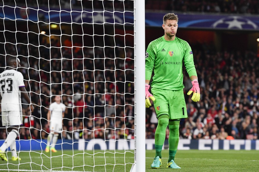 Basels goalkeeper Tomas Vaclik reacts during an UEFA Champions League Group stage Group A matchday 2 soccer match between England&#039;s Arsenal FC and Switzerland&#039;s FC Basel 1893, in the Emirate ...