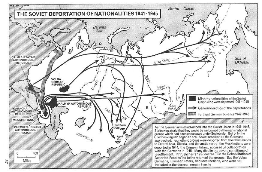 Karte der Deportationen in der Sowjetunion, 1941-1945. Die Krimtataren waren nicht die einzige Ethnie, die Stalin nach Sibirien deportieren liess.&nbsp;