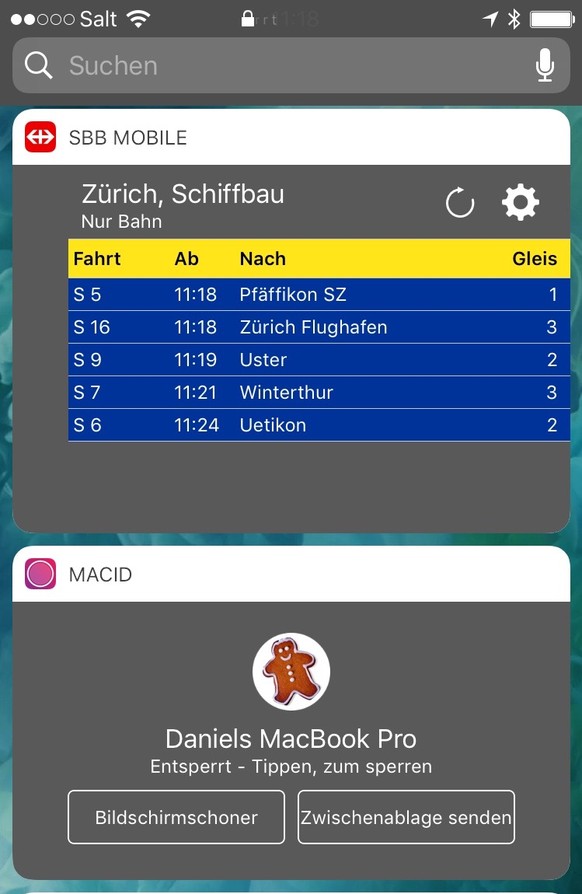 Fahrplan-Infos direkt auf dem Sperrbildschirm und MacID, um den Laptop abzusichern.