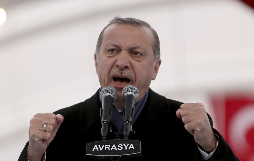 Turkey&#039;s President Recep Tayyip Erdogan gestures as he speaks during the opening ceremony of Eurasia Tunnel in Istanbul, Tuesday, Dec, 20, 2016. Erdogan said he and Russian President Vladimir Put ...