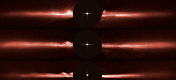 Entwicklung der Scheiben-Strukturen um Au Mic im Zeitverlauf (Bilder von oben nach unten: 2010, 2011, 2014). Das Licht des Sterns in der Mitte wurde abgeblockt, um die viel weniger helle Scheibe sicht ...