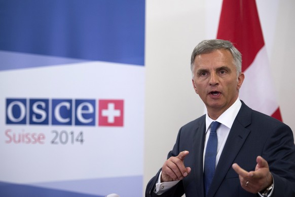 epa04183489 Swiss President Didier Burkhalter, OSCE Chairperson-in-Office, speaks during an international conference on the fight against terrorism in Interlaken, Switzerland, 28 April 2014. On 27 Apr ...