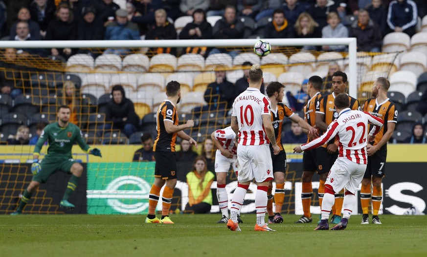 Britain Soccer Football - Hull City v Stoke City - Premier League - The Kingston Communications Stadium - 22/10/16
Stoke City&#039;s Xherdan Shaqiri scores their second goal 
Action Images via Reute ...