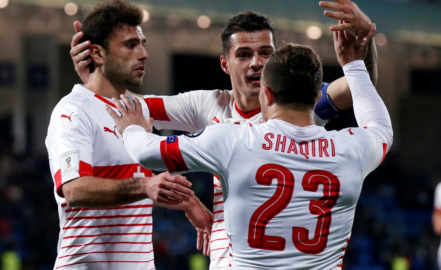 Football Soccer - Andorra v Switzerland - World Cup 2018 Qualifier - Estadi Nacional, Andorra la Vella, Andorra - 10/10/16.Switzerland&#039;s Xherdan Shaqiri, Admir Mehmedi and Granit Xhaka celebrate  ...