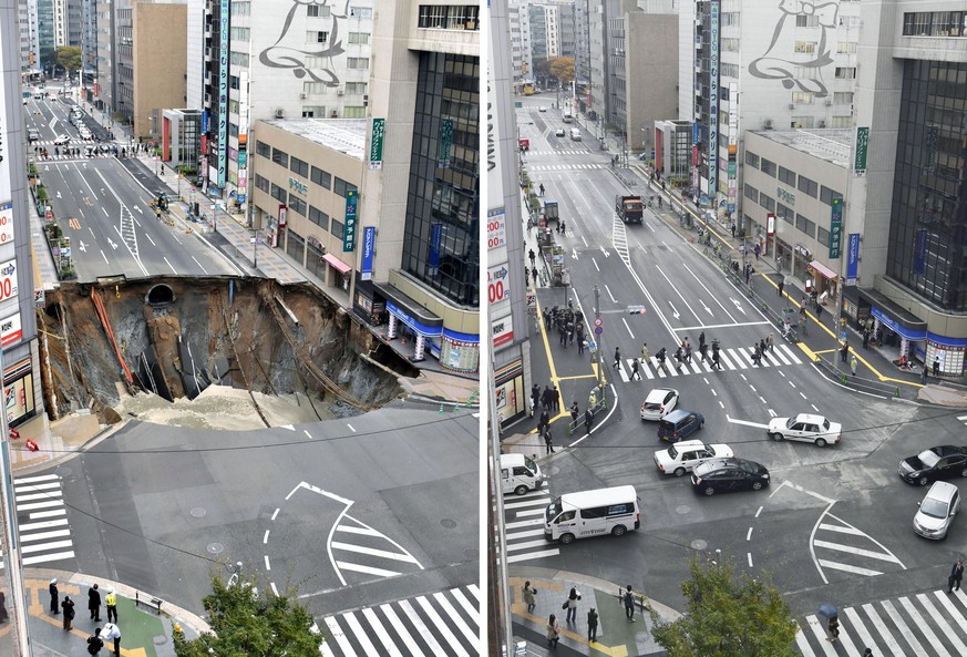 This combination of two photos show a Nov. 8, 2016 file photo, left, of a sinkhole on a road, and the road after restoration, in Fukuoka, southern Japan Tuesday, Nov. 15, 2016. The road reopened Tuesd ...