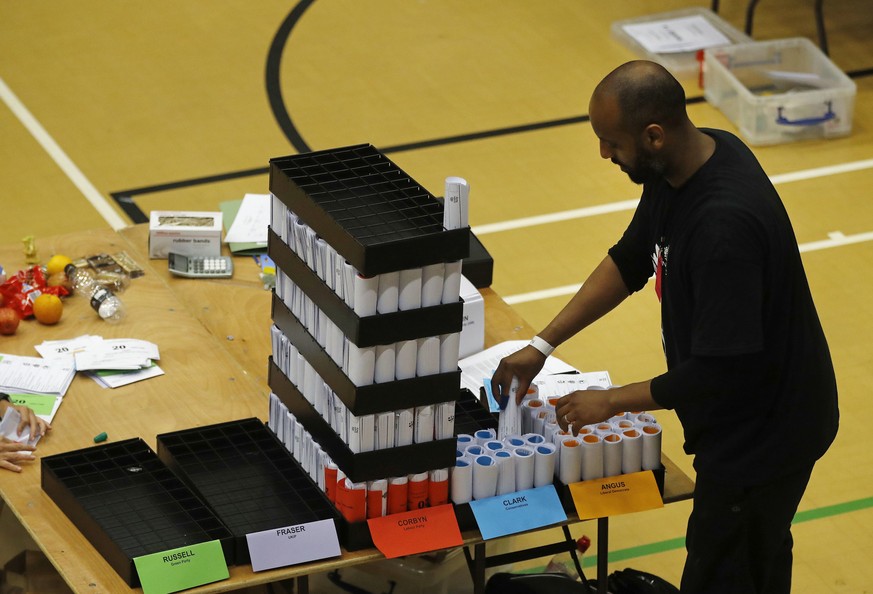 Votes for Britain&#039;s Labour party leader Jeremy Corbyn are piled high as they are counted at his constituency in London, Friday, June 9, 2017. Britain voted Thursday in an election that started ou ...