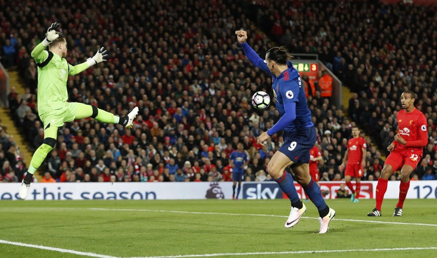 Britain Football Soccer - Liverpool v Manchester United - Premier League - Anfield - 17/10/16
Manchester United&#039;s Zlatan Ibrahimovic misses a chance to scores as Liverpool&#039;s Loris Karius at ...