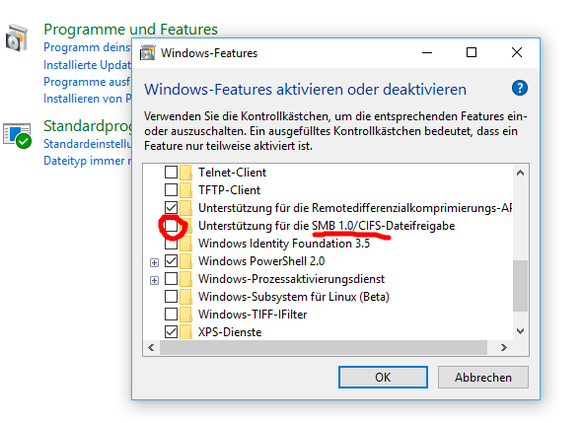 Das veraltete Netzwerkprotokoll SMB 1.0 kann in der Systemsteuerung unter&nbsp;Programme sowie Windows-Features aktivieren und deaktivieren entfernt werden.