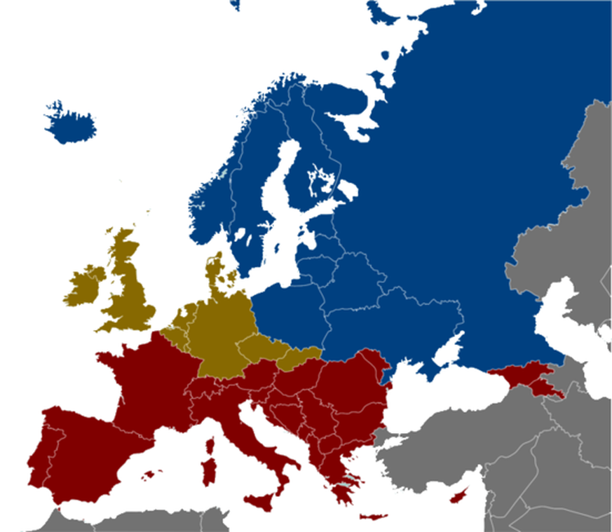Karte der bevorzugten Alkoholtypen in Europa, Wein-, Bier- und Schnapsgürtel
