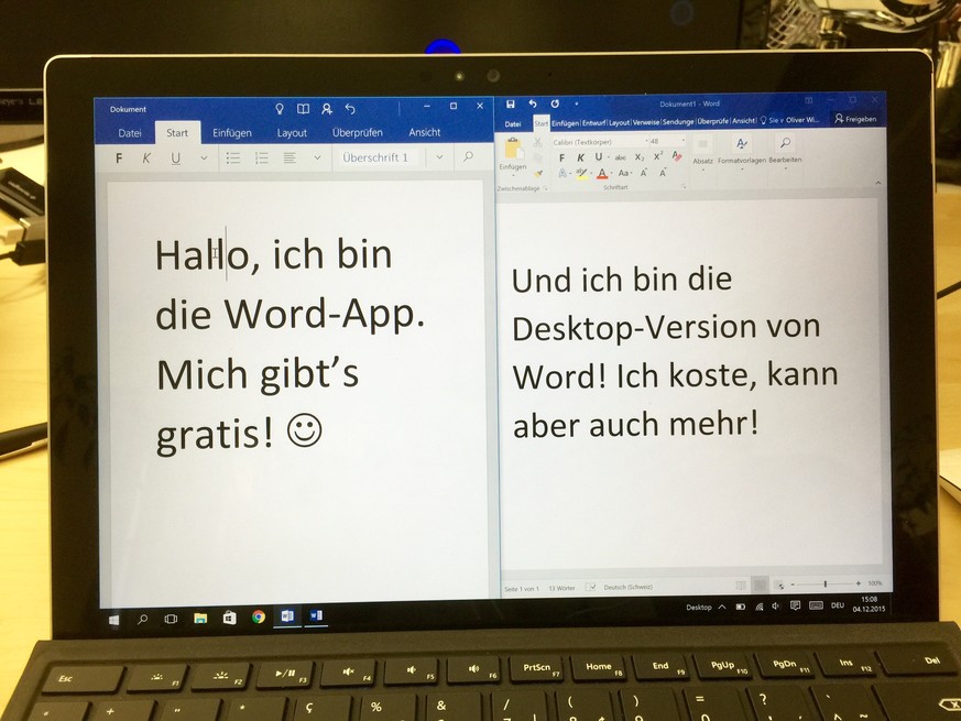Was Windows 10 von Android und dem iPad (Pro) unterscheidet, es gibt Apps und Programme. Links die Word-App für Tablet-Nutzer. Rechts das vollwertige Word-Programm für Laptop-Nutzer.