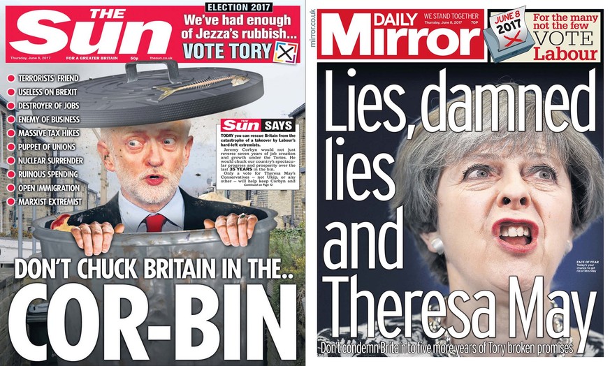 «Sun» vs. «Mirror»: Die Titelseiten der britischen Revolverblätter am Wahltag.