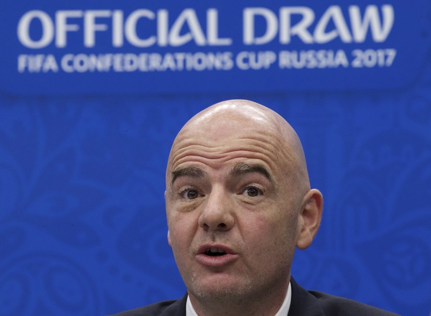 FILE- In this Saturday, Nov. 26, 2016 file photo, FIFA President Gianni Infantino speaks during a news briefing ahead of the draw for the soccer Confederations Cup 2017, in Kazan, Russia. Infantino ha ...