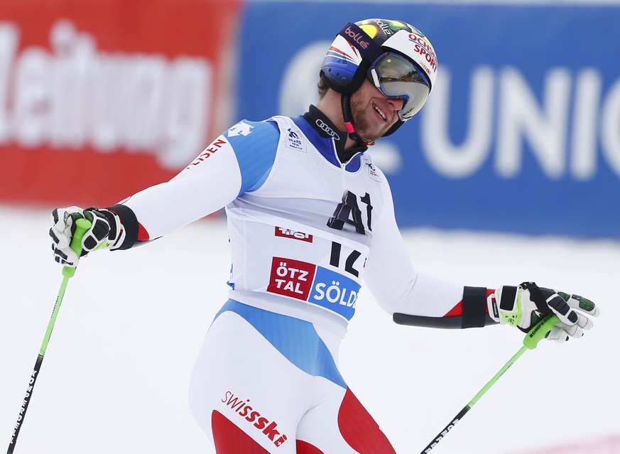 Alpine Skiing - FIS Alpine Skiing World Cup - Giant Slalom Men - Soelden, Austria - 23/10/16. Justin Murisier of Switzerland reacts after competing. REUTERS/Dominic Ebenbichler