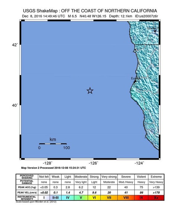 epa05665960 A shakemap released by the US Geological Survey (USGS) on 08 December 2016 shows the epicenter (marked with a star) of a 6.5 magnitude earthquake that was detected off the coast of Eureka, ...