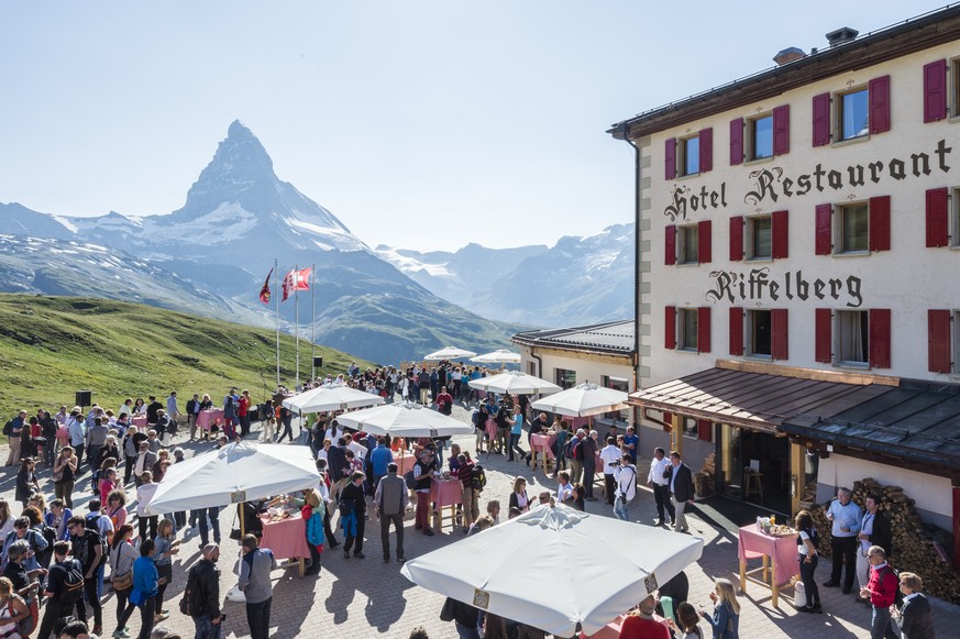 The VIP Apero in front of the Hotel Restaurant Riffelberg with the Matterhorn in the background, prior to the premiere of the theater &quot;The Matterhorn Story&quot; which is based on the story of th ...