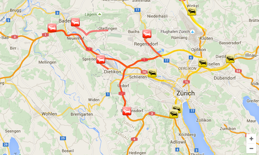 Am Montagmorgen staute sich der Verkehr zwischen Zürich Seebach und Birrfeld auf bis zu 25 Kilometern.