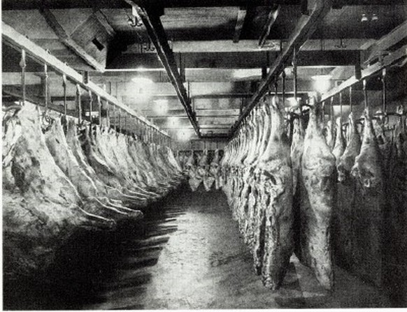 Die Fleischkühlhalle der Metzgerei Bell (1913).