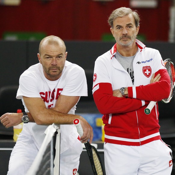 Roland Burtscher ( left ) and Swiss Fed Cup Team captain Heinz Guenthardt, during a training session of the Swiss Fed Cup Team prior the Fed Cup World Group first round match between Switzerland and F ...