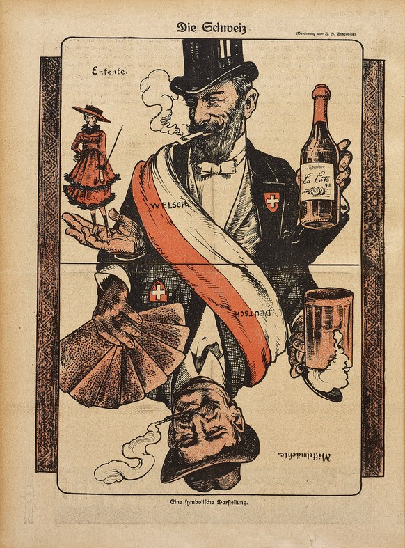«Die geteilte Schweiz» im Nebelspalter, 1917: Während die lateinische Schweiz für die Entente mit Frankreich, Grossbritannien und Russland Partei ergriff, sympathisierten die Deutschschweizer mehrheit ...
