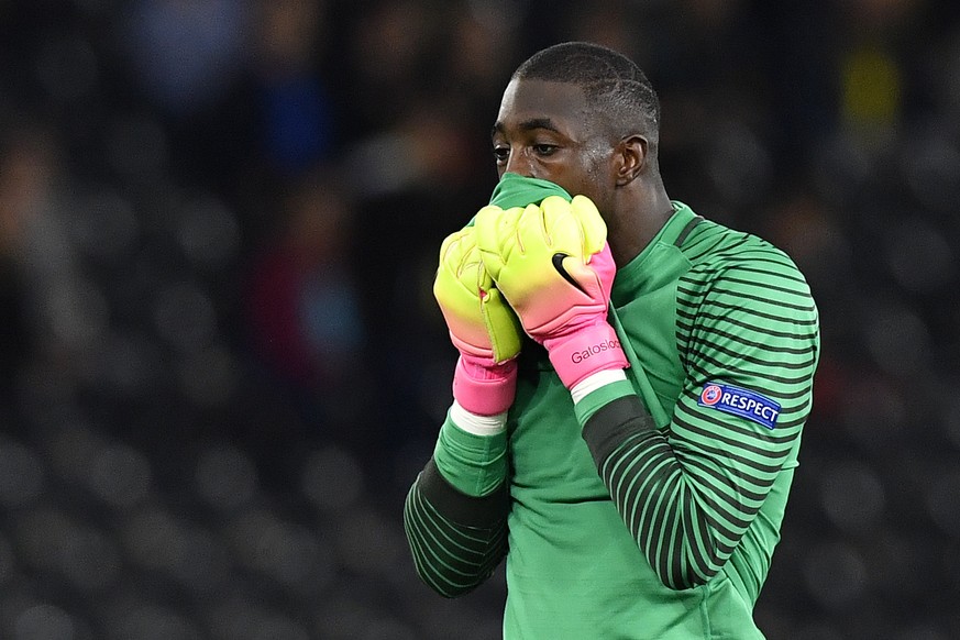 YB’s Goalie Yvon Mvogo reacts during an UEFA Europa League Group stage B matchday 1 soccer match between Switzerland&#039;s BSC Young Boys and Greece&#039;s Olympiacos Piraeus in the Stade de Suisse s ...