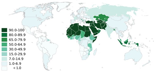 Die muslimische Welt (mit Bevölkerungsanteil in Prozent).