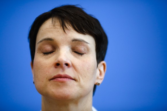 In this March 14, 2016 photo, Frauke Petry, chairwoman of the right-populist party AfD, Alternative for Germany, addresses a news conference in Berlin. Prosecutors want a German nationalist party lead ...