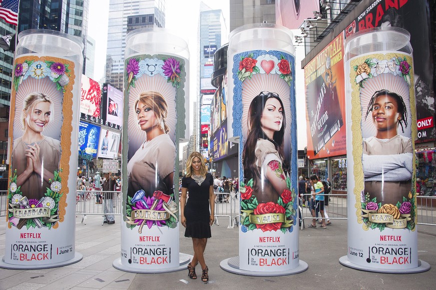 Laverne Cox poses at the &quot;Orange is the New Black&quot; Times Square Take Over on Wednesday, June 10, 2015, in New York. (Photo by Charles Sykes/Invision/AP)